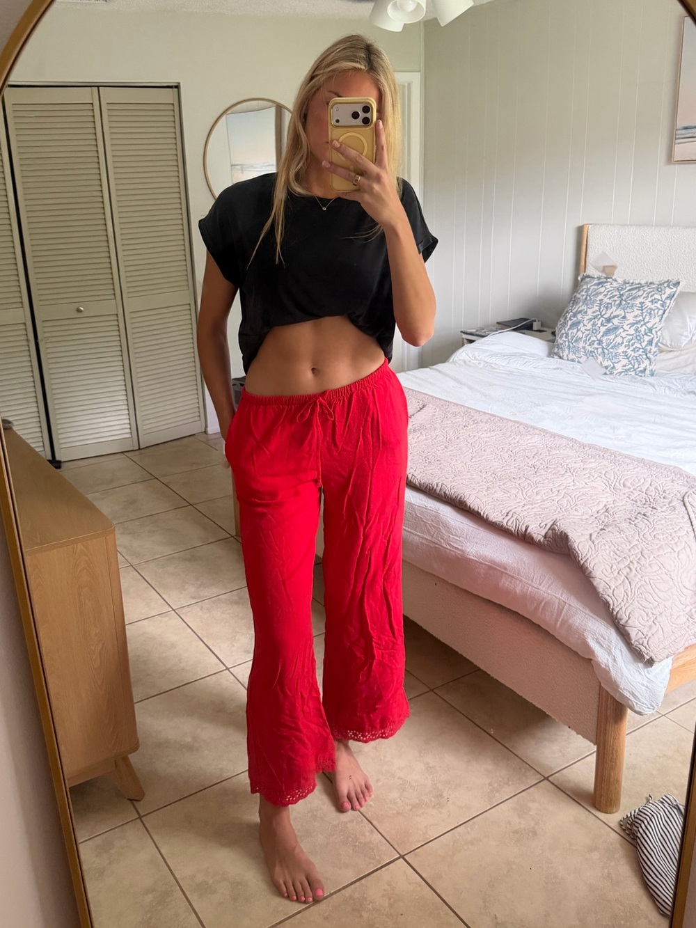 Red Wide-Leg Lace Hem Pants - Women's Casual Lounge Pant